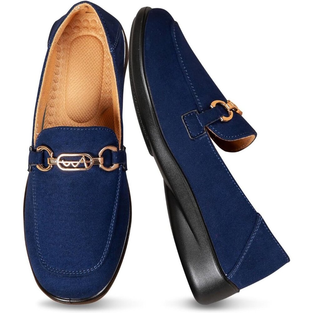 Women's Dark Blue Casual Comfortable Metal Buckle Slip On Flat Loafers Shoes